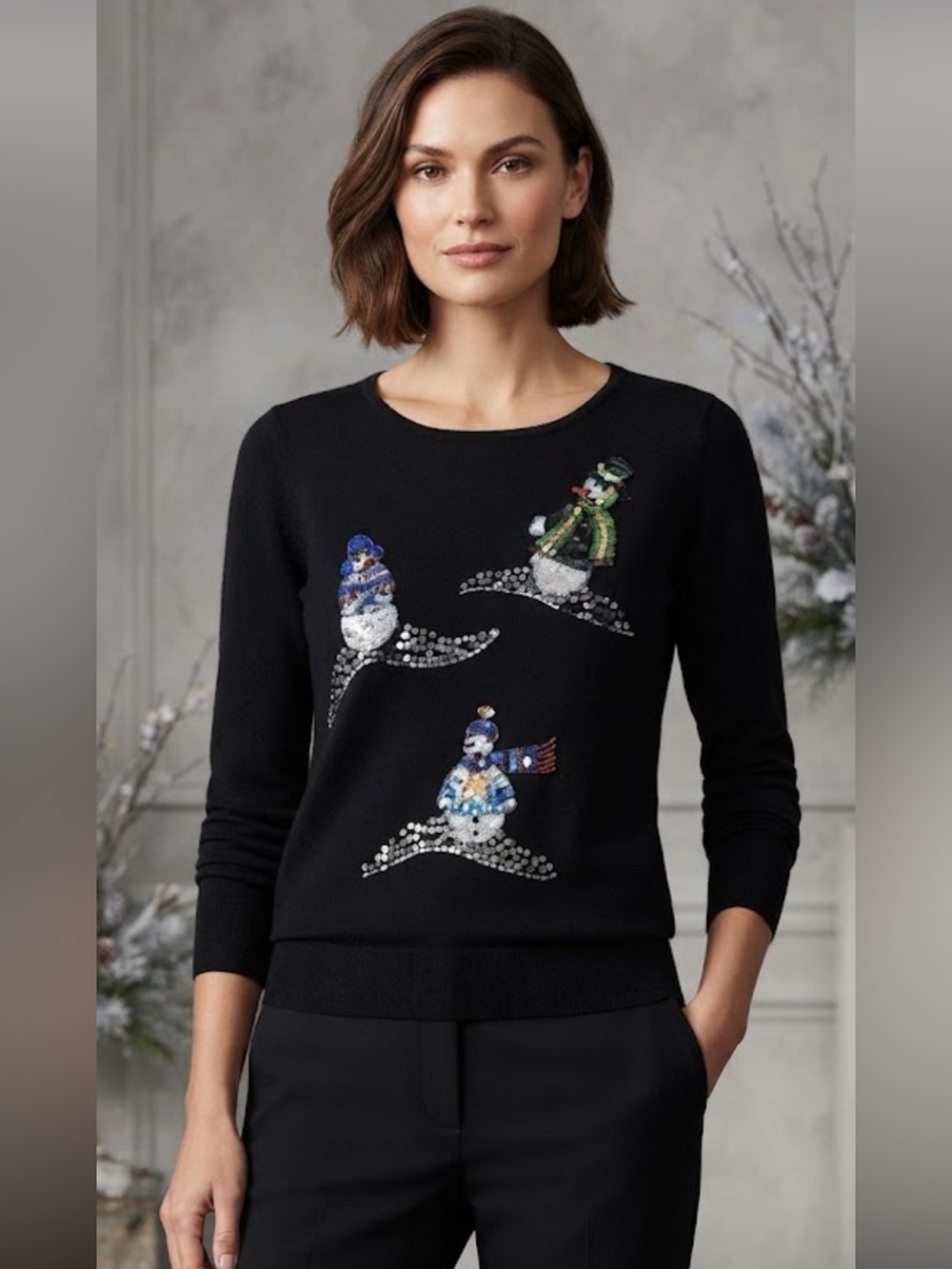 Robbie Bee winter black knitwear with snowman sequins